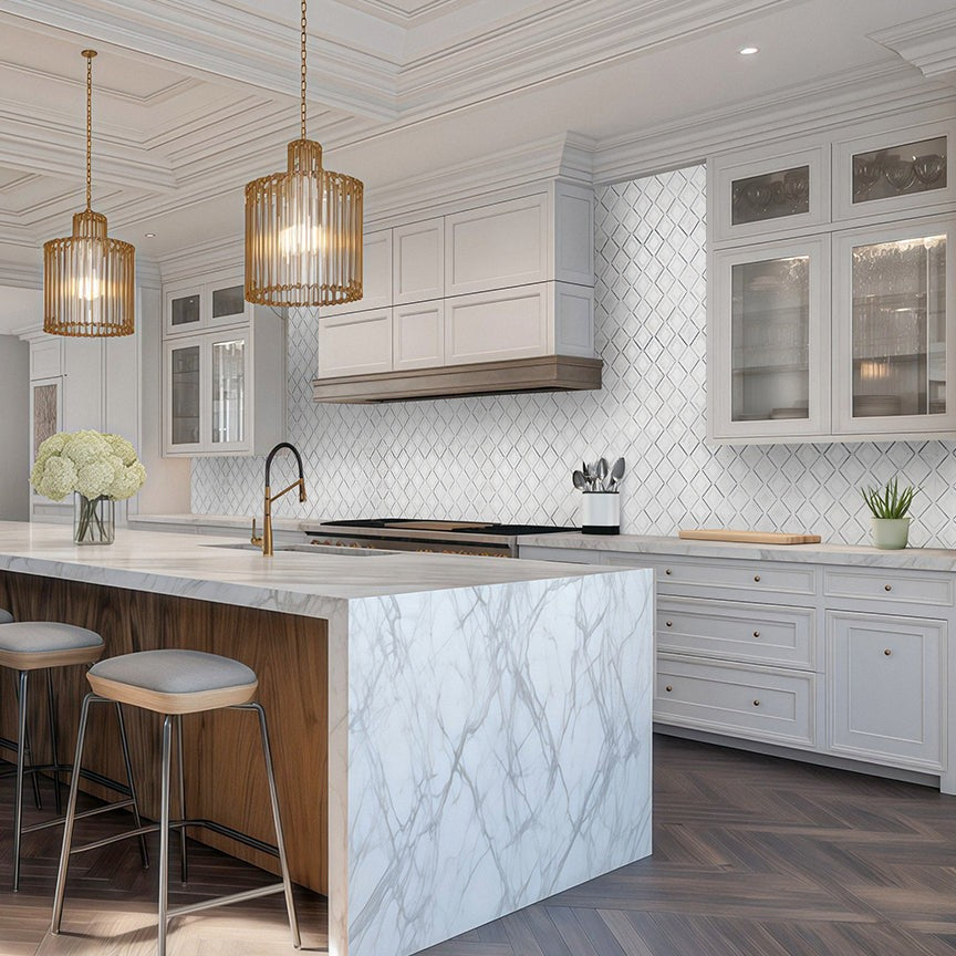 Elon Tile Pearl White Mosaic tile in a room setting — available at Surface Group