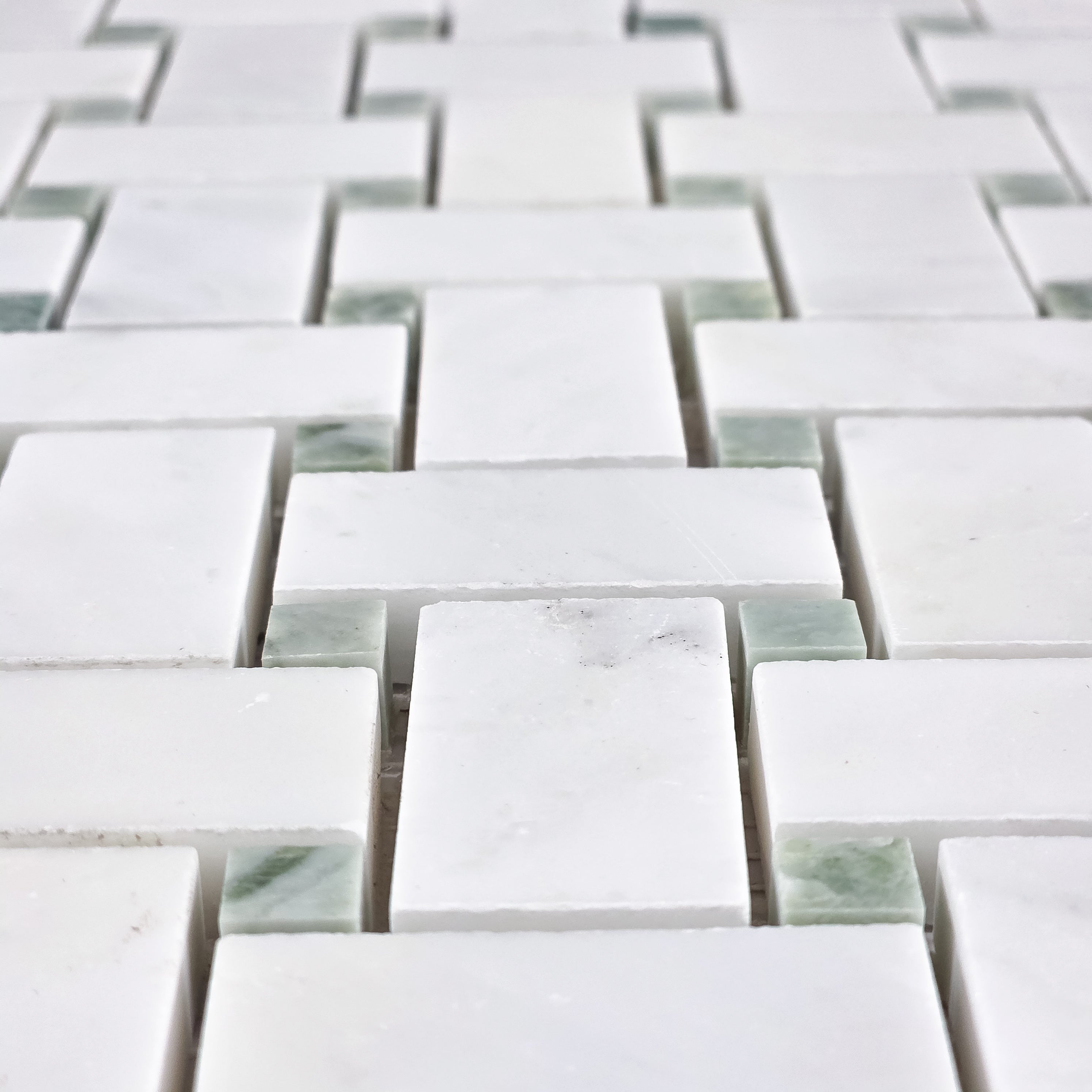 Elon Tile Pearl White Mosaic tile arrangement — available at Surface Group