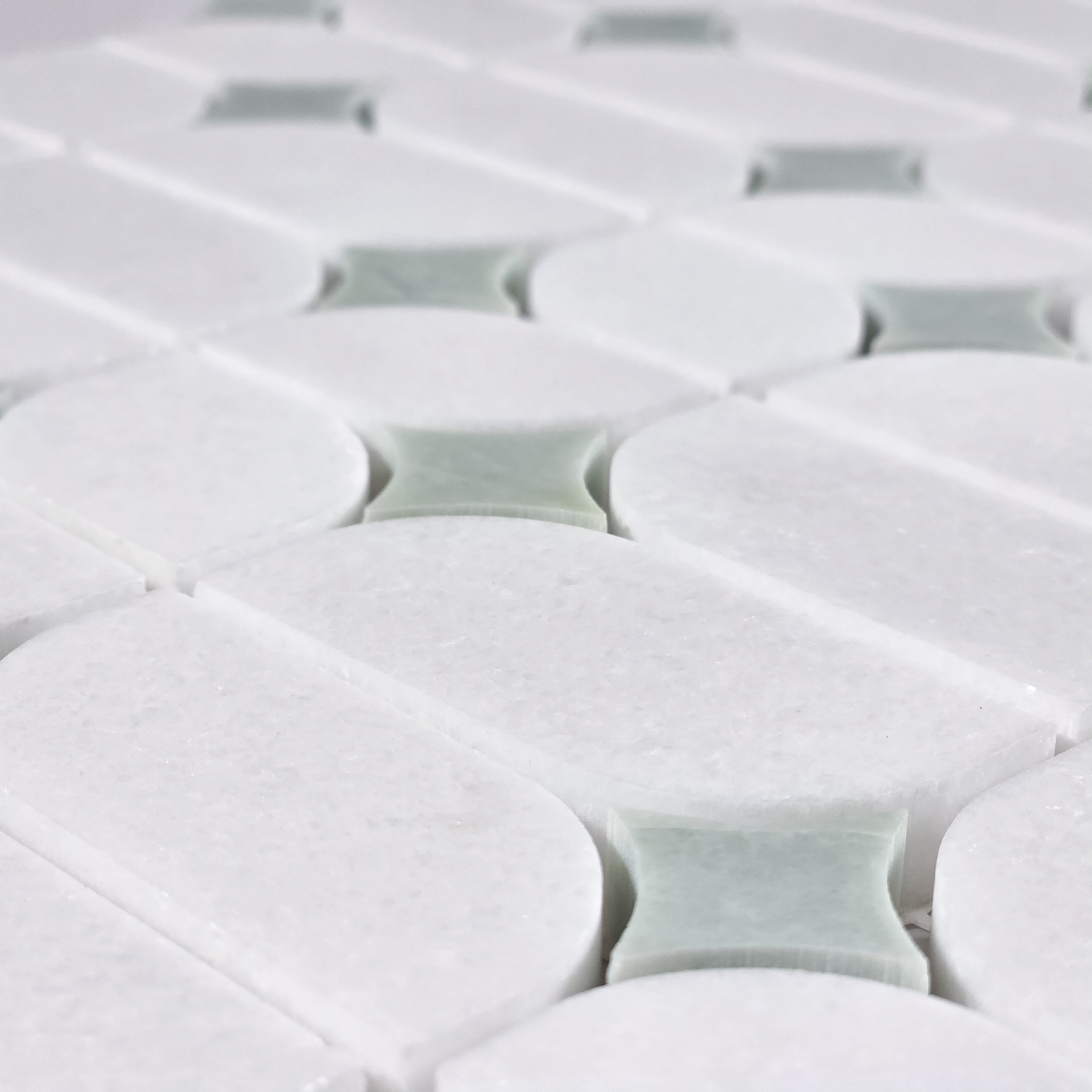 Elon Tile White Thassos Mosaic tile arrangement — available at Surface Group