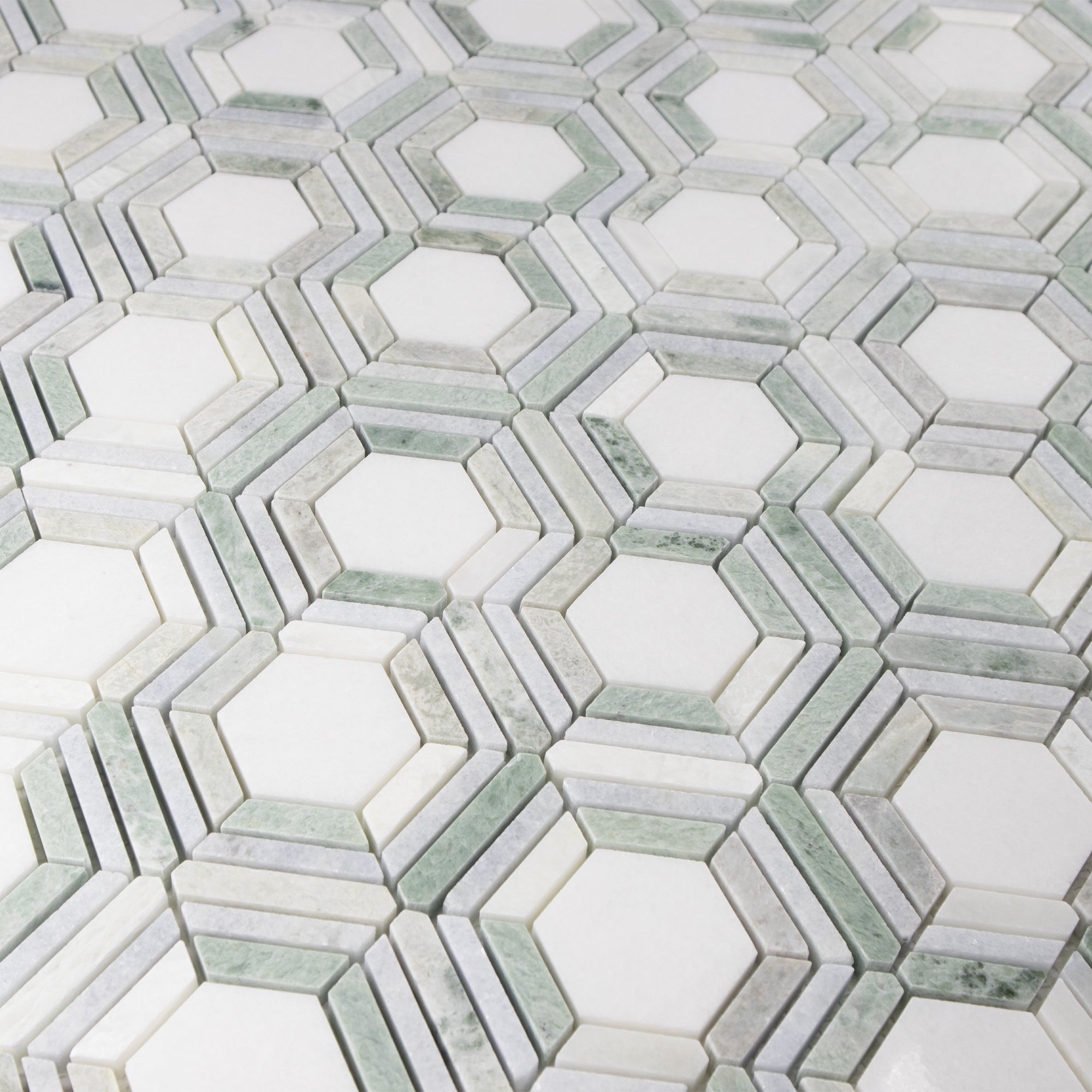 Elon Tile White Thassos Mosaic tile arrangement — available at Surface Group