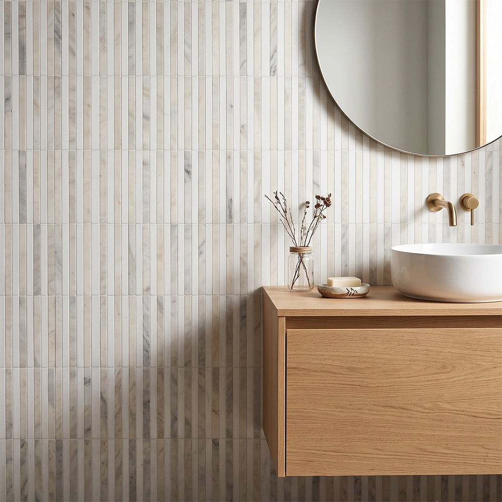 Calacatta Renaissance Honed Snow White, Calacatta marble mosaic, top-down product view, 12"×12"×3/8" size. Premium marble for floors and walls.