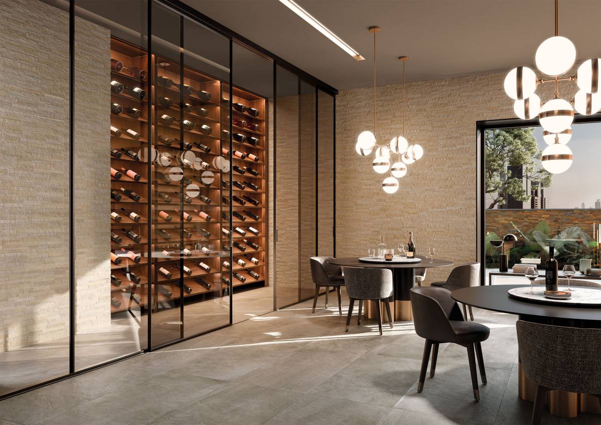 VENEER WORLD PRO LEDGESTONE ALPINE Alaska porcelain trim, lifestyle installation view 2, 5 3/4"×24"×11/32" size. Premium porcelain for floors and walls.