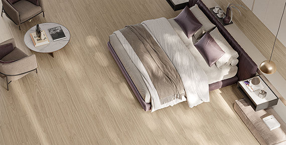 NOTTINGHAM Honey porcelain field tile, lifestyle installation view 1, 8"Γ40"Γ5/16" size. Premium porcelain for floors and walls.