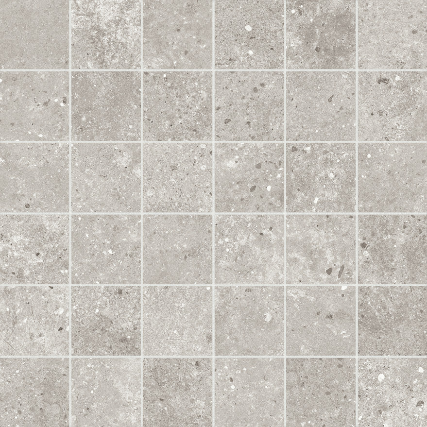Berlin Grey porcelain mosaic, top-down product view, 12"×12"×5/16" size. Premium porcelain for floors and walls.