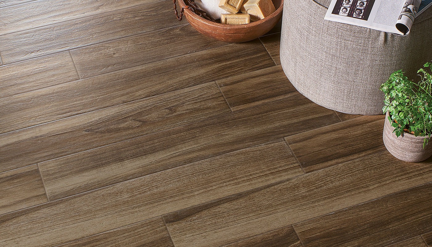 Elegance Wood Nut porcelain field tile by Emil, naturale finish, 4 5/16"x21 1/4"x9-mm size. Premium Italian porcelain for floors and walls.