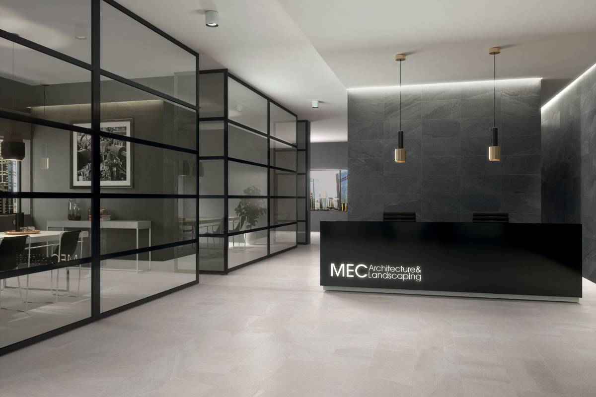MILESTONE East Beige porcelain trim, lifestyle installation view 2, 3"×24"×11/32" size. Premium porcelain for floors and walls.