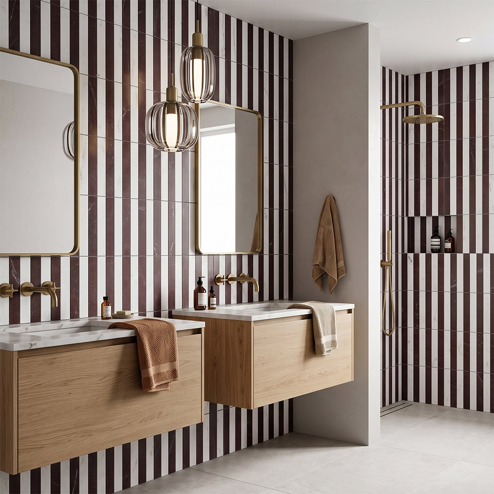 Mod Stripes Snow White, Aegean Red marble mosaic, top-down product view, 12"×12"×3/8" size. Premium marble for floors and walls.