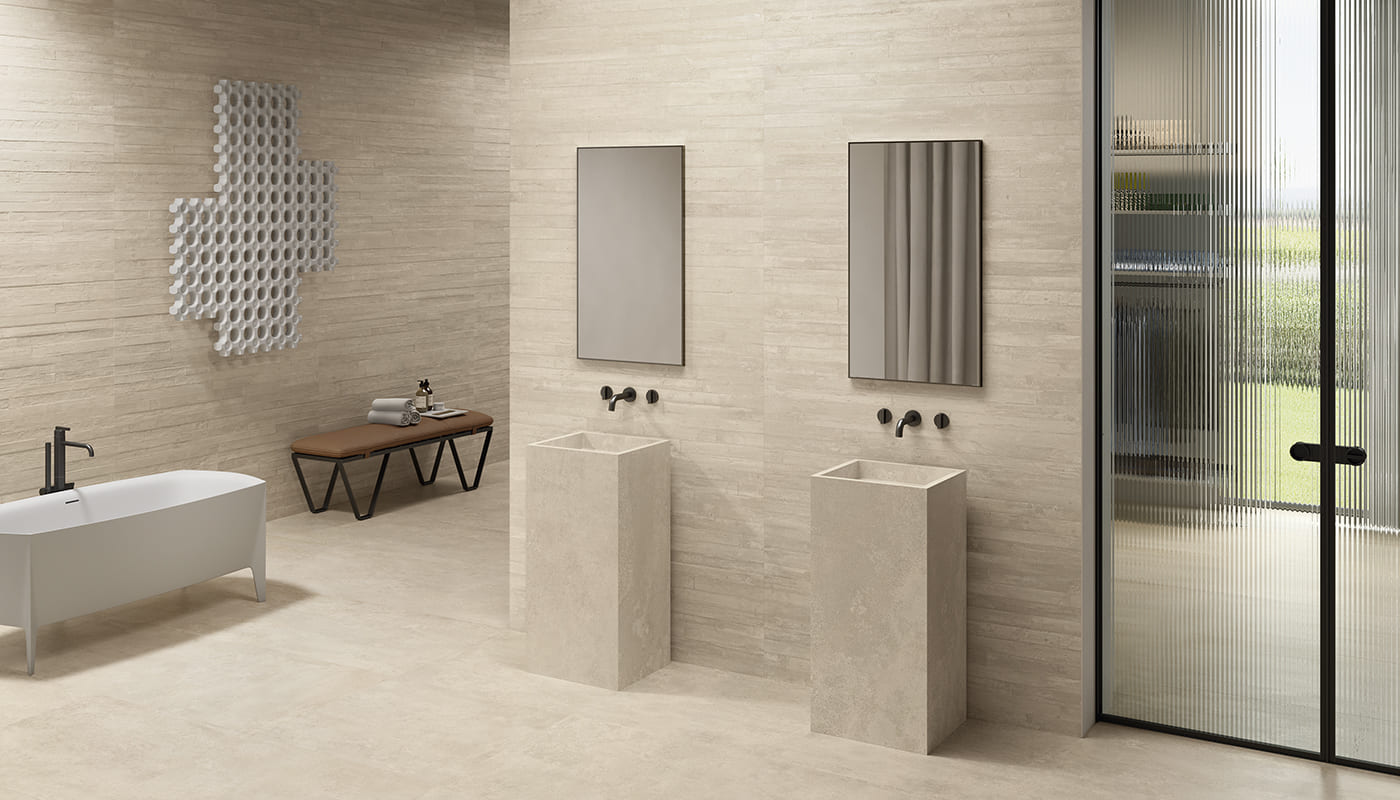 Re-Play Concrete Sand porcelain field tile by Emil, tecnica finish, 23 5/8"x47 1/4"x9.5-mm size. Premium Italian porcelain for floors and walls.