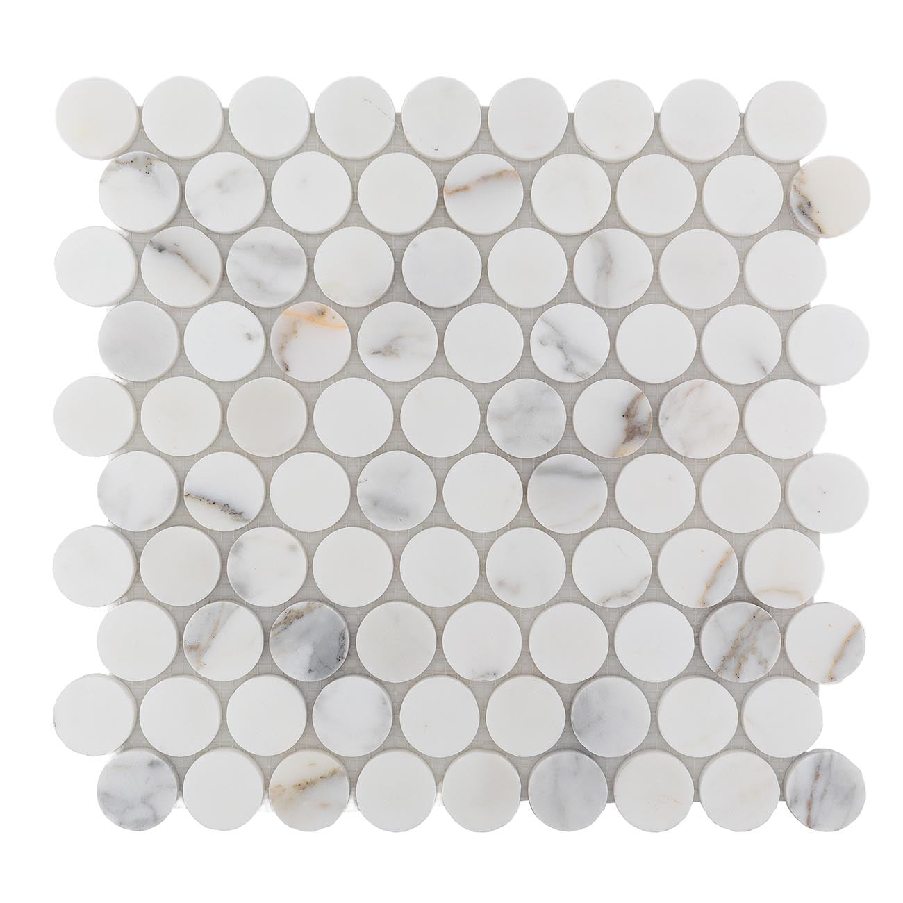 Calacatta marble interlocking mosaic with penny-round pattern and honed finish
