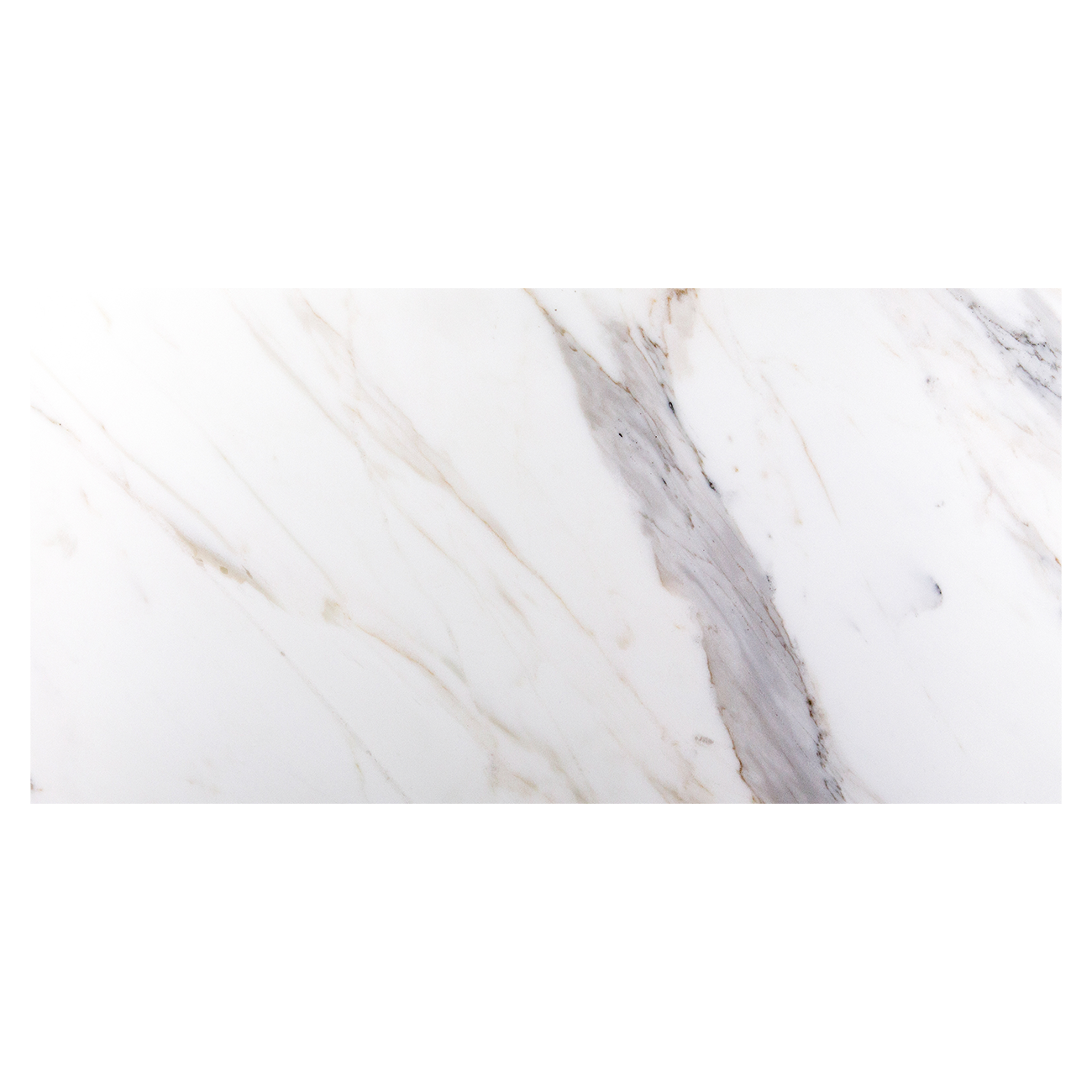 Calacatta marble field tile with honed finish and straight edge, 12" x 24" x 3/8" dimensions.