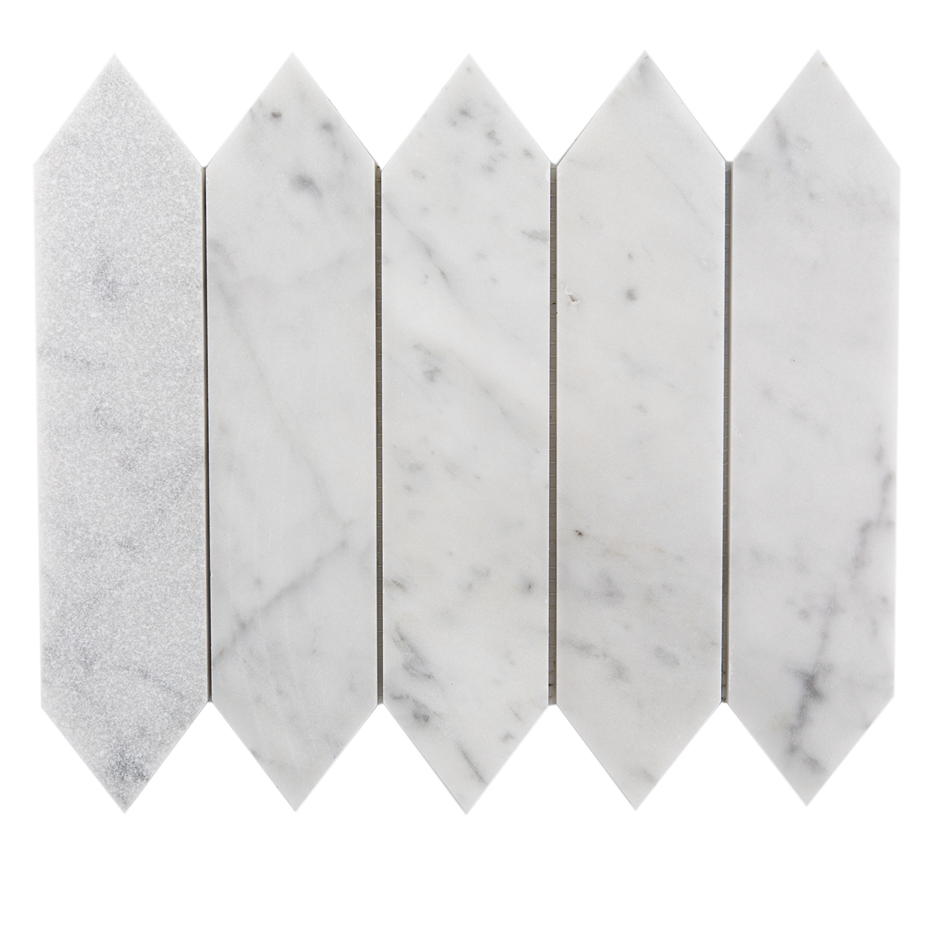 Carrara Bianco marble mosaic tile with honed and sandblasted finish, 0.375 inches thick