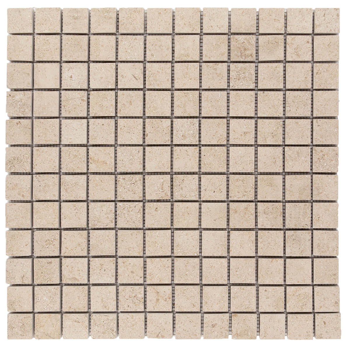 Fonjone limestone mosaic by Haussmann, 12"x12"x3/8" interlocking stone pattern with honed finish and straight edges for residential and commercial applications.