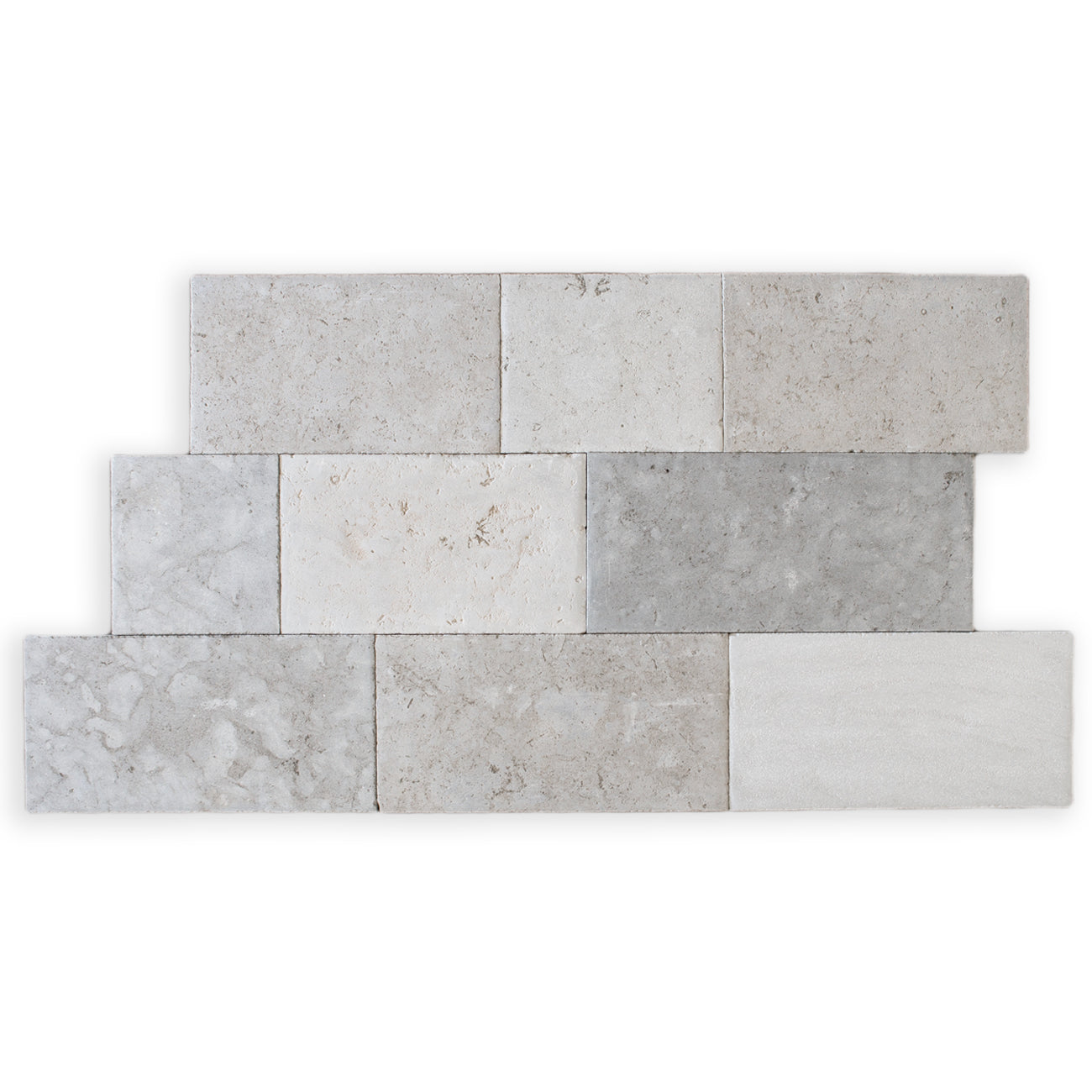Provence Gris limestone multisize rectangle pattern with random length, aged finish suitable for residential flooring and wall cladding.
