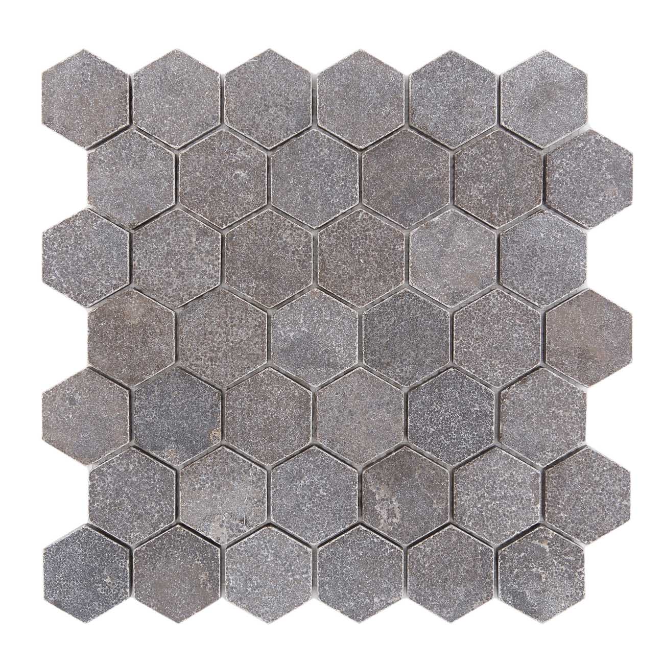 Pierre Noire limestone mosaic with hexagon pattern, 12"x12"x3/8" dimensions