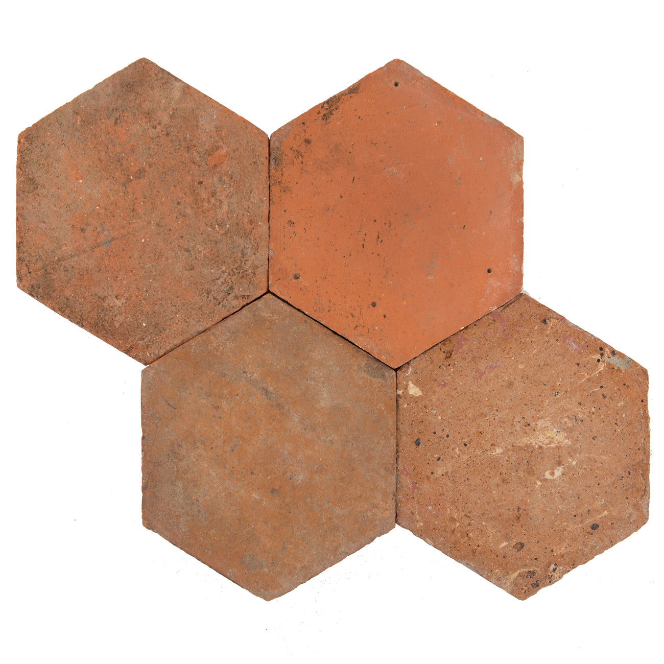 Reclaimed French Cotto hexagonal paver with antique finish and rustic edges, 6x6x1 inch size