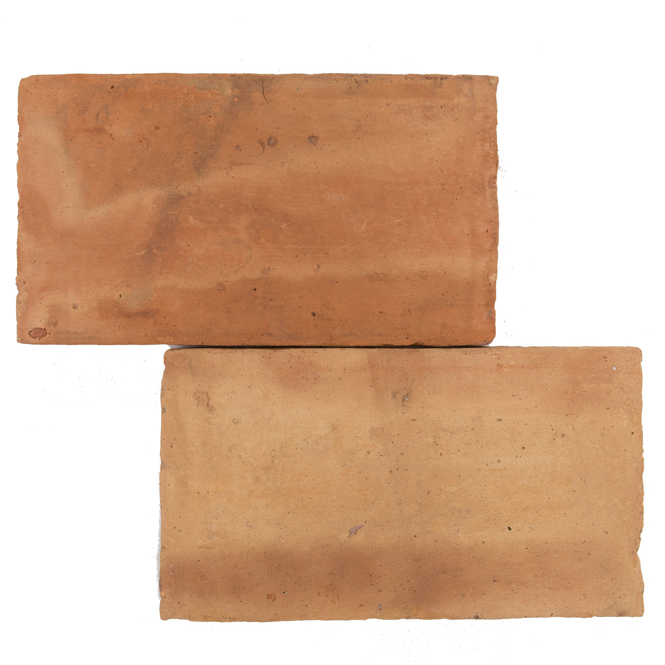 Reclaimed French Cotto paver from Haussmann, high-quality ceramic and terracotta with antique finish and rustic edges, 9x14x1 inches.