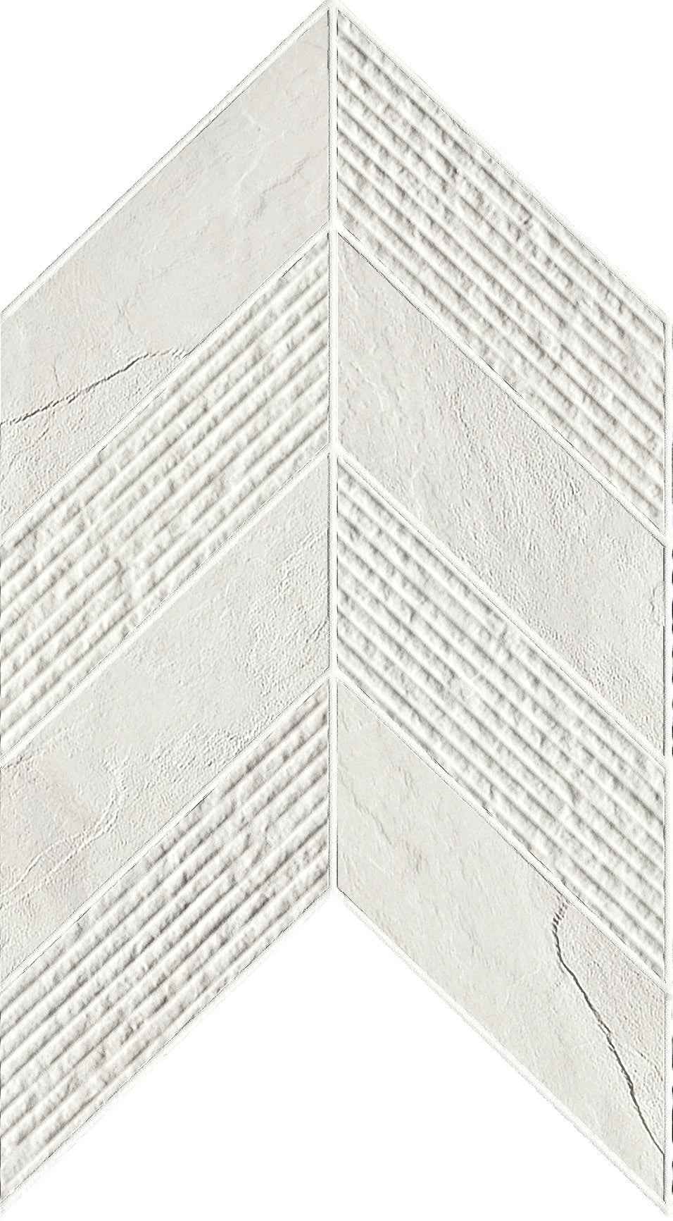 landmark 9mm essence montauk white mosaic chevron 3d wall mosaic 7_44x12x9mm matte rectified porcelain tile distributed by surface group international