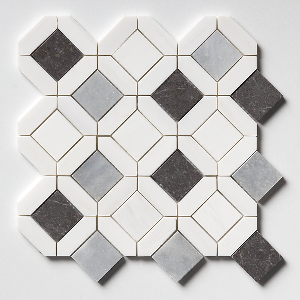 Allure L, Iris Black, Bianco Dolomiti Cl Honed Louna Marble Mosaics 12 1/2Γ12 1/2