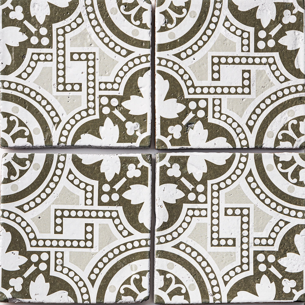 Marble Systems Antique Tile Green, White terracotta tile pattern swatch — available at Surface Group