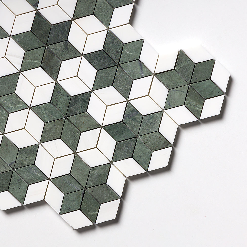 Verde Capri, Snow White Multi Finish Stars Marble Mosaics 14 3/16×14 15/16 (MS01784)