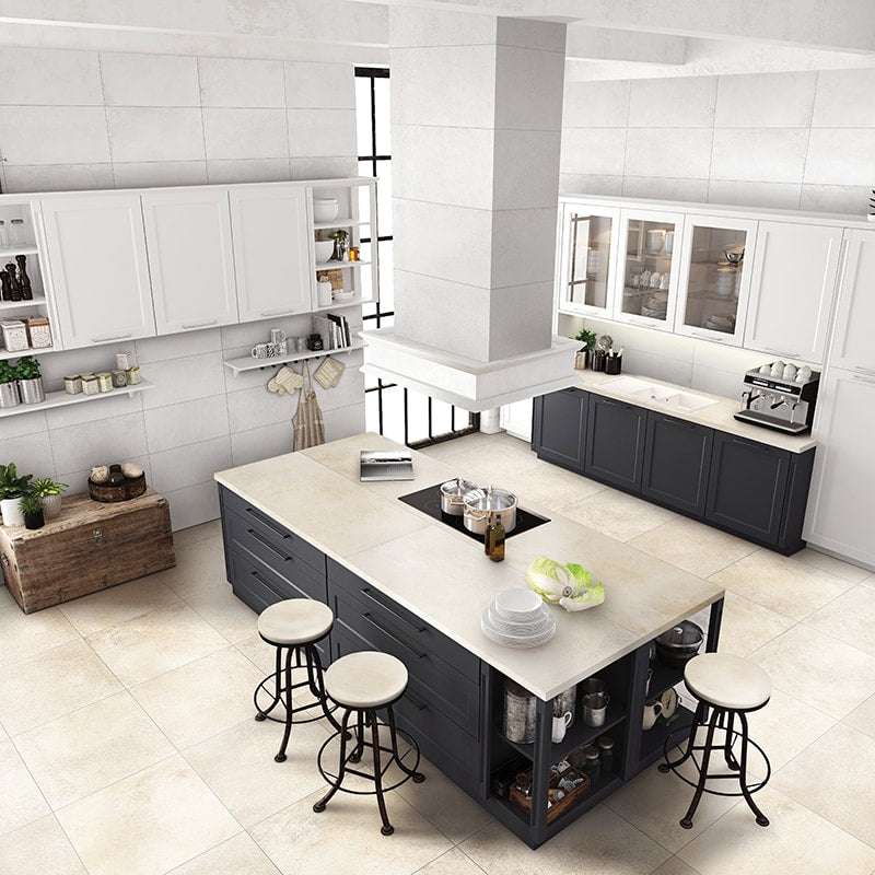 White honed marble-look porcelain tile for restaurant kitchen