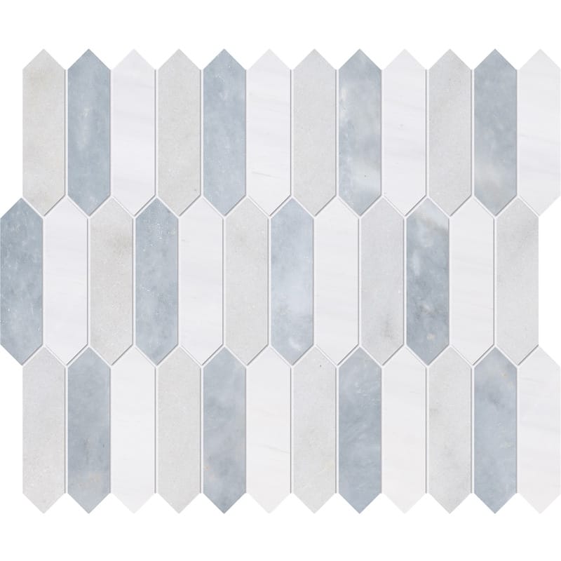 Avalon, Snow White, Allure Honed Baby Picket Marble Mosaic 13 3/16×11 Image