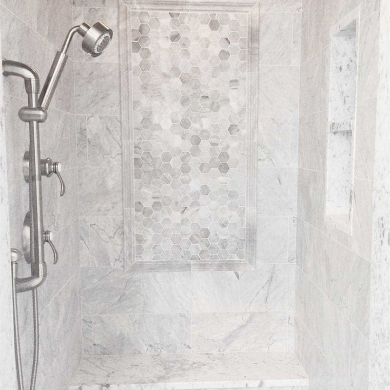 Avenza Honed Hexagon Marble Mosaic 10 3/8×12 (MS00482) Avenza Honed Andorra Marble Moldings 2×12 (ML00416) Avenza Honed Marble Tile 18×18 (TL12794)