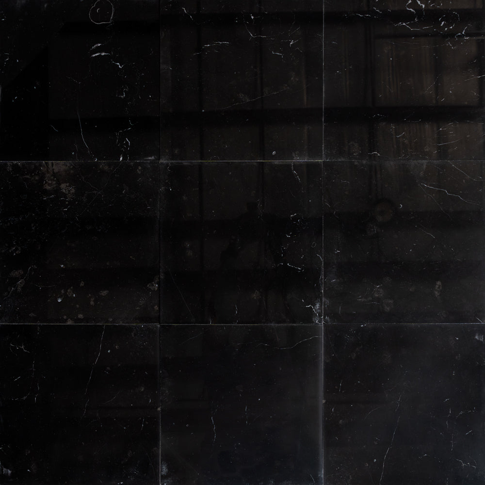 Marble Systems Belgium Black Marble Belgium Black glossy marble tile pattern swatch — available at Surface Group