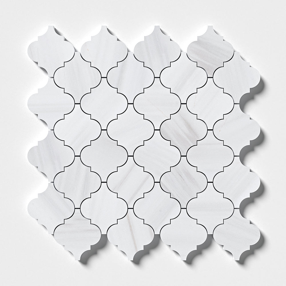 Bianco Dolomiti Classic Polished Arabesque Marble Mosaic 12×12 Image