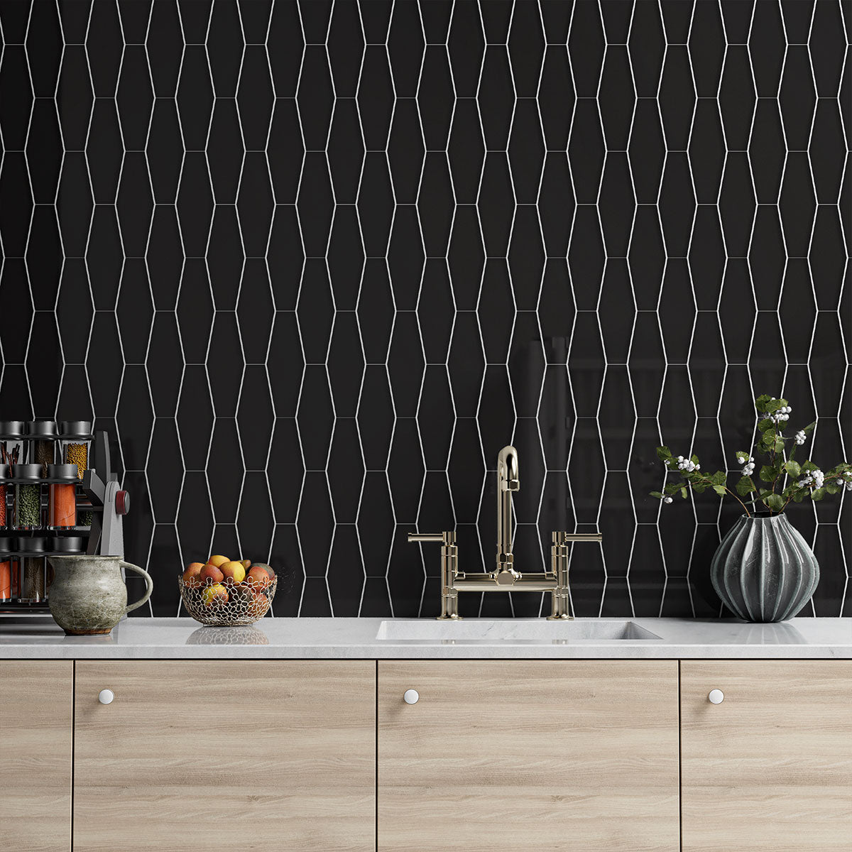 Black Glossy Longest Hexagon Ceramic Tile 3×7 7/8 (DC00358)