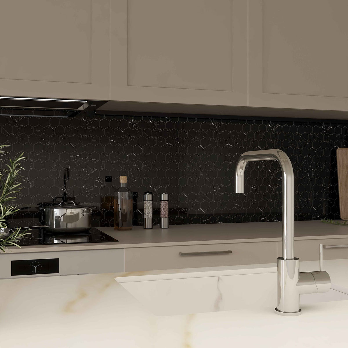 Black Polished Hexagon 2 Marble Mosaics 12Γ12 (MS90088)
