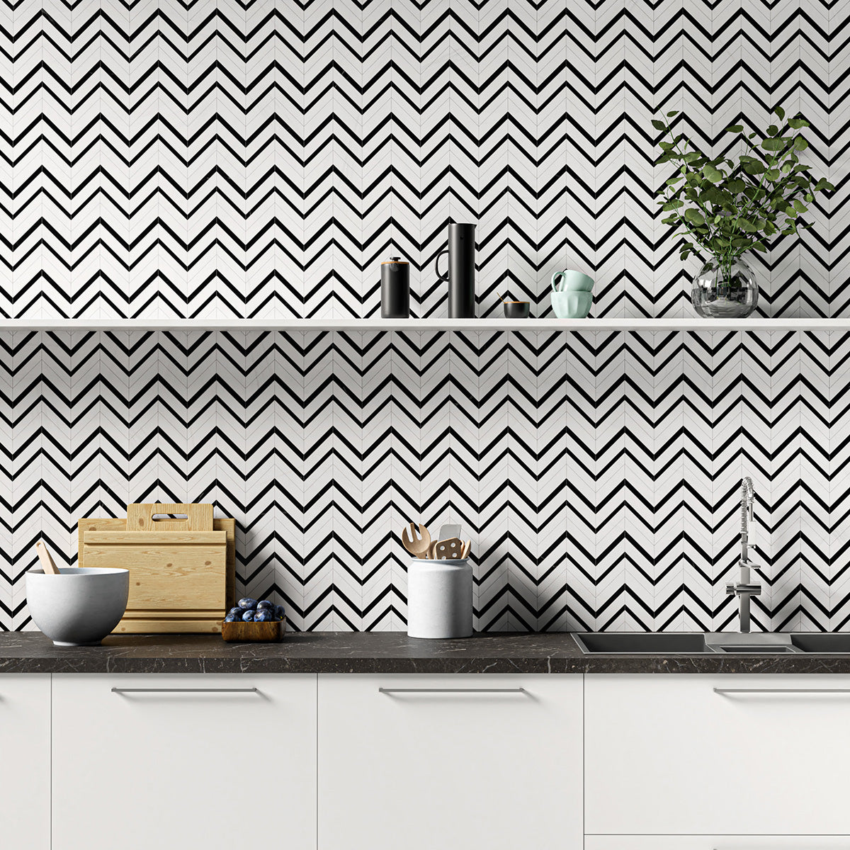 Black, Snow White Honed Chevron Fusion Marble Mosaic 16Γ11 7/8 (NW00097)