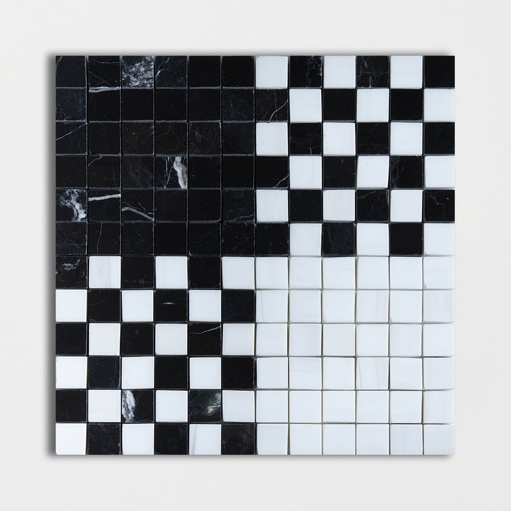 Black, Snow White Multi Finish Checker And Solid Marble Mosaic 12×12 Image