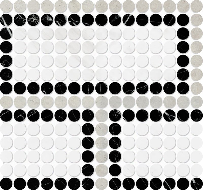Black, Britannia, Snow White Honed Penny Round Offset 1 Marble Mosaic 11 1/32×12 13/64 Image