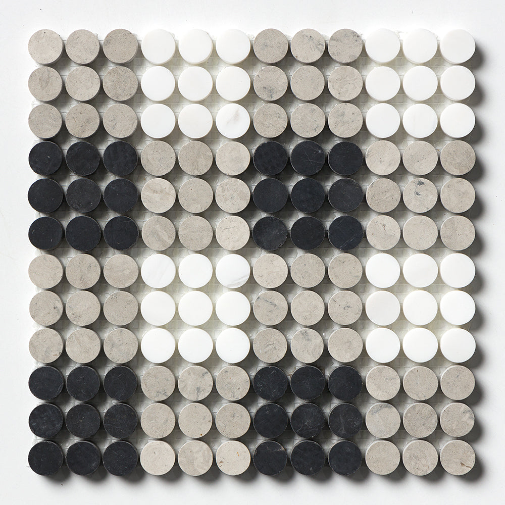 Black, Britannia, Snow White Honed Penny Round Plaid 1 Marble Mosaic 9 27/32Γ9 27/32 Image