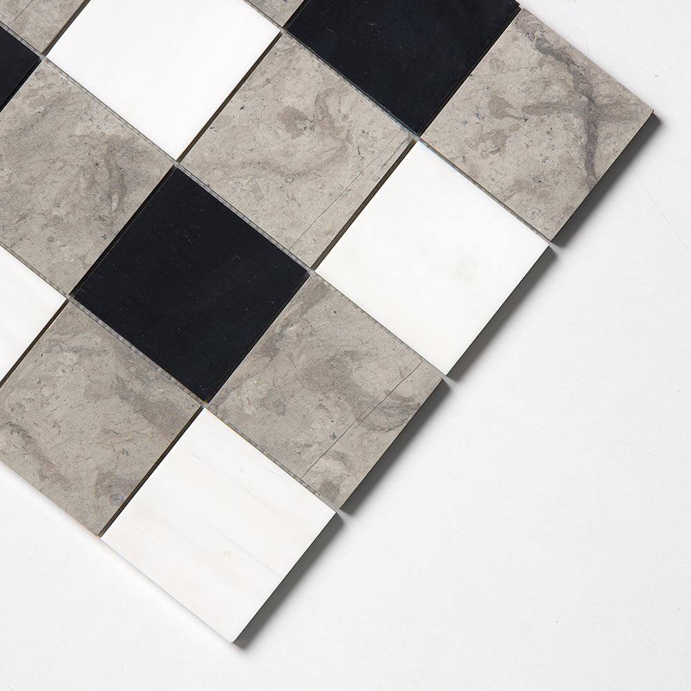 Britannia Light, Snow White, Black Honed 4×4 Limestone Mosaics 16×16 (MS01719)
