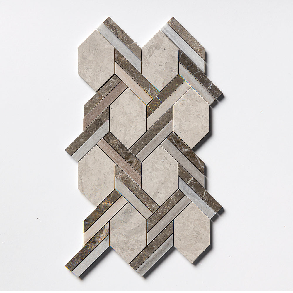 Britannia, Skyline, Silver Drop Multi Finish Braided Hexagon Marble Mosaic 9 11/16Γ16 7/16 Image