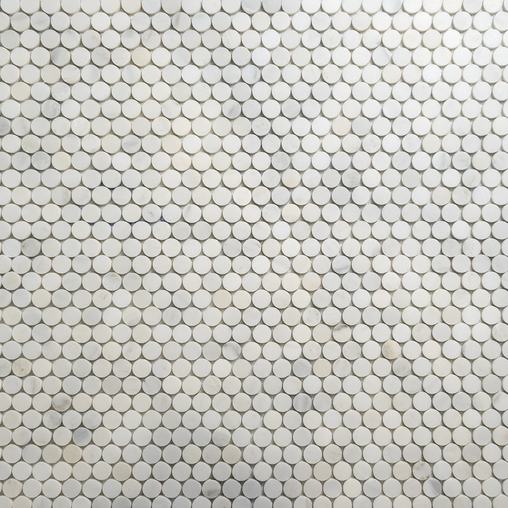 Calacatta Bella Honed Penny Round Marble Mosaics 11 1/4×11 3/4 (MS90586)