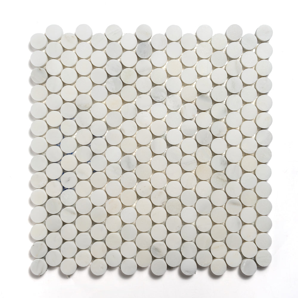 Calacatta Bella Honed Penny Round Marble Mosaics 11 1/4×11 3/4