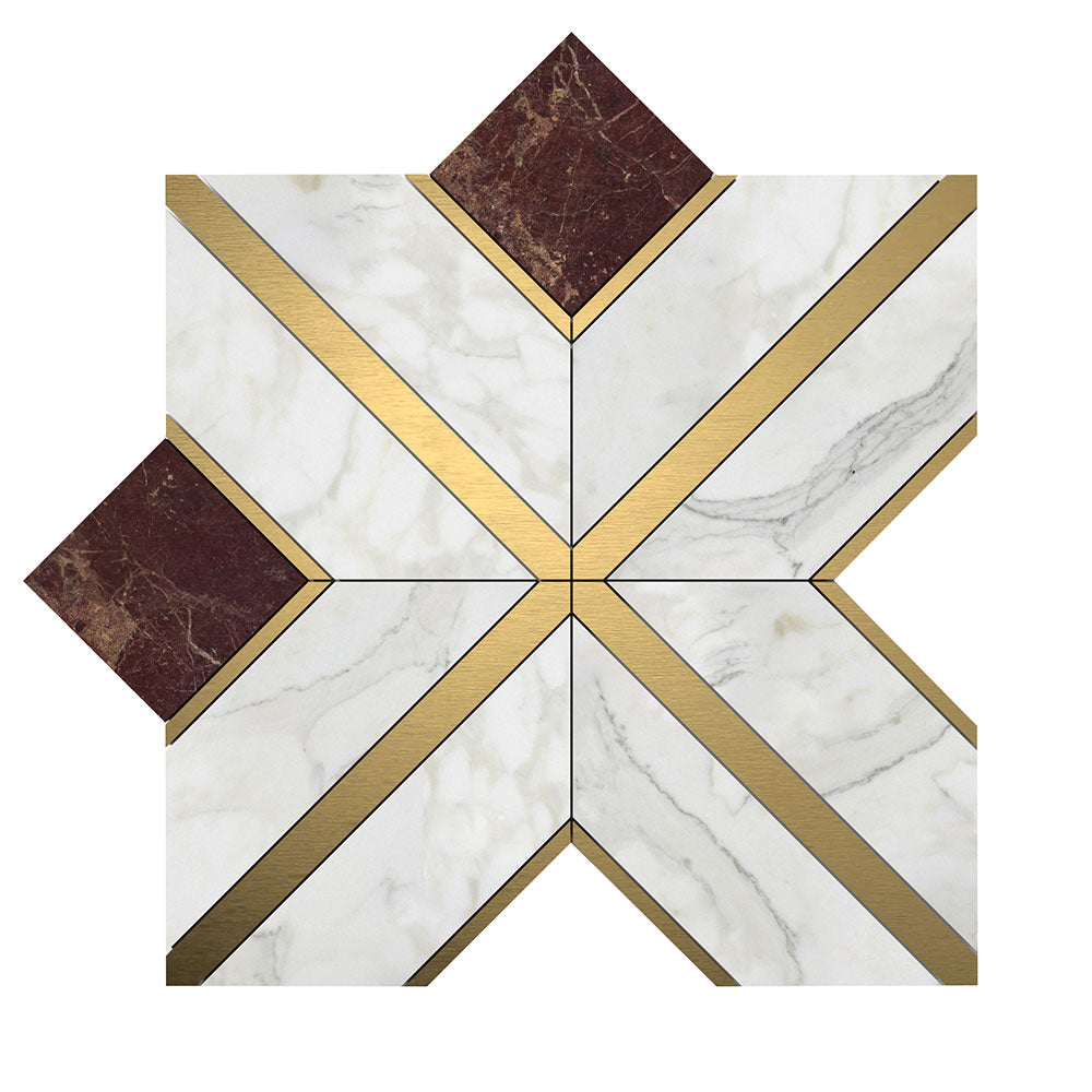 Brass, Calacatta Gold, Red Bordeaux Honed Arlo Marble Mosaic 11 15/16Γ11 15/16 Image