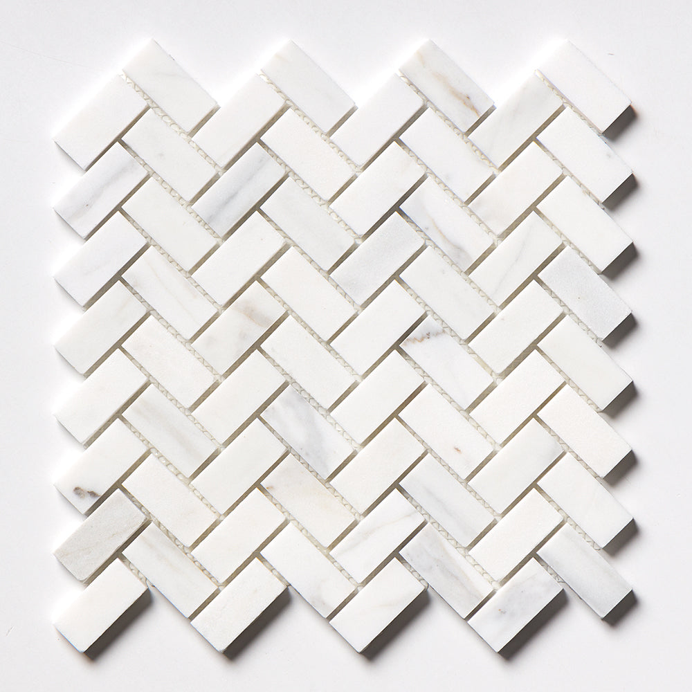 Calacatta Gold Royal Honed Herringbone Marble Mosaic 12 1/8×13 3/8 Image