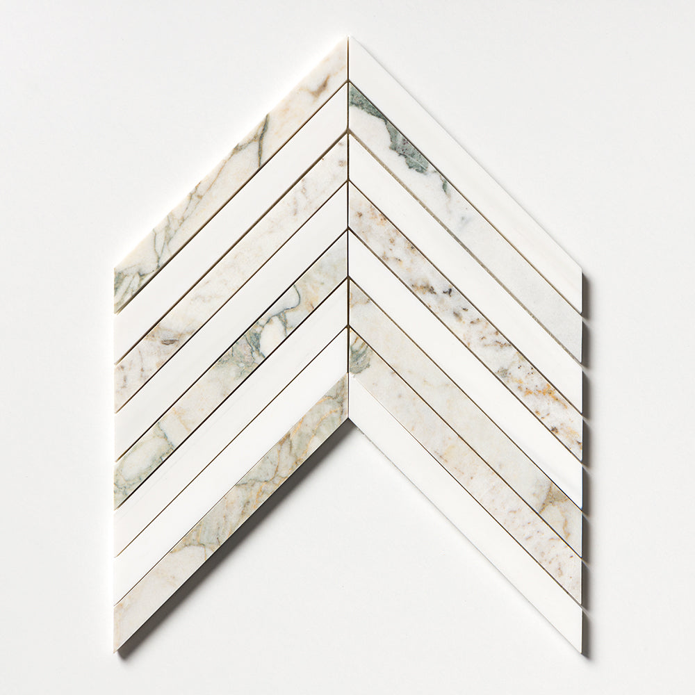 Calacatta Green Honed Thin Chevron Marble Mosaic 10×13 Image