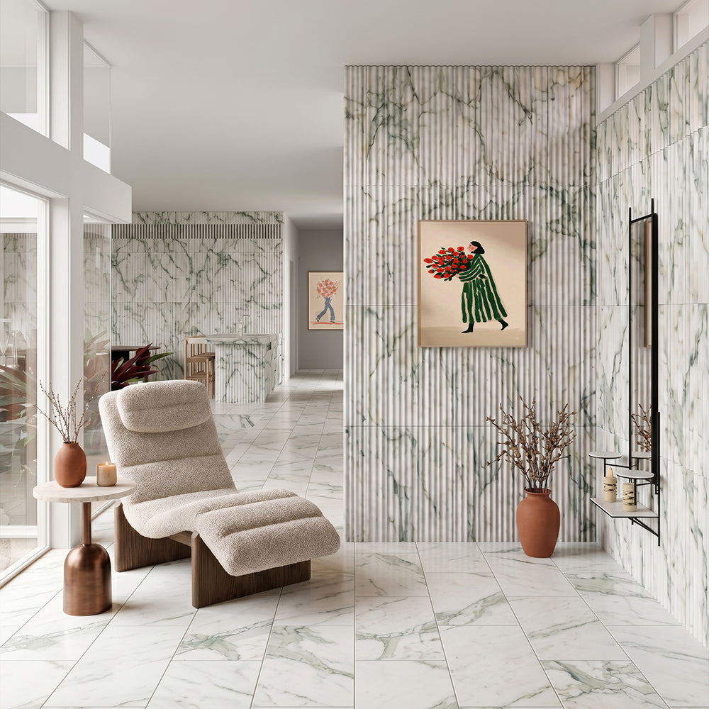 Calacatta Green Honed Marble Tiles 12×24 (TL20300) Calacatta Green Honed Thin Fluted Marble Accent Tiles 18×36 (ML01045)