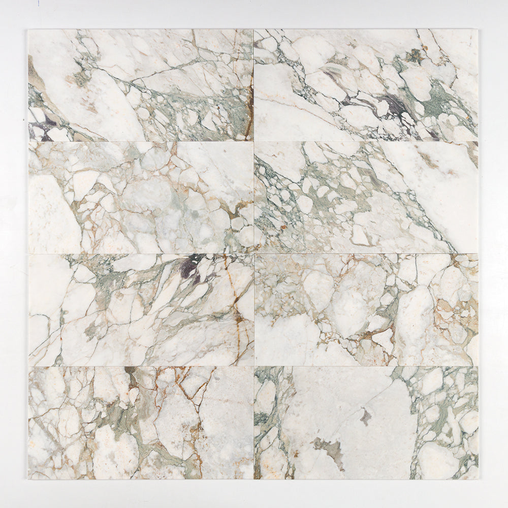 Marble Systems Calacatta Green Honed Marble Calacatta Green matte marble tile pattern swatch — available at Surface Group