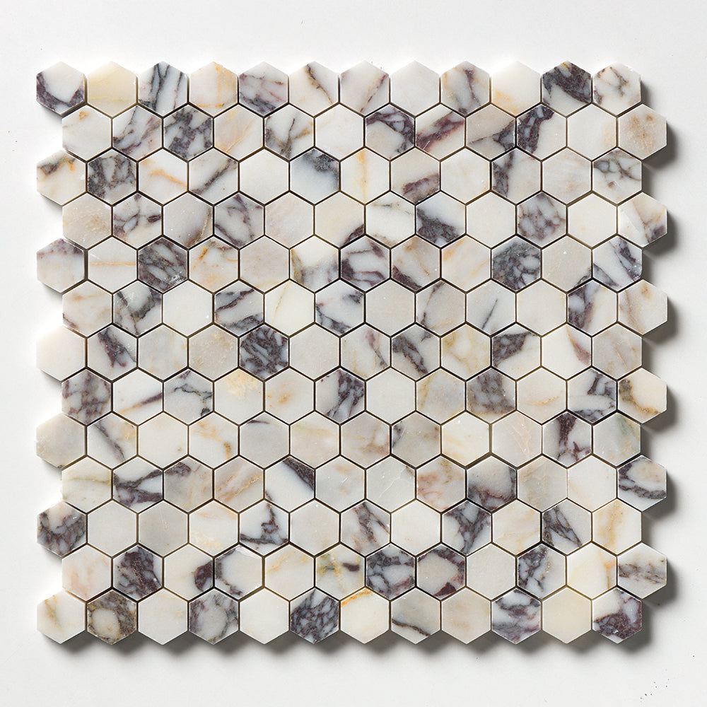 Calacatta Picasso Honed Hexagon 1×1 Marble Mosaic 11 5/8×12 3/8 Image