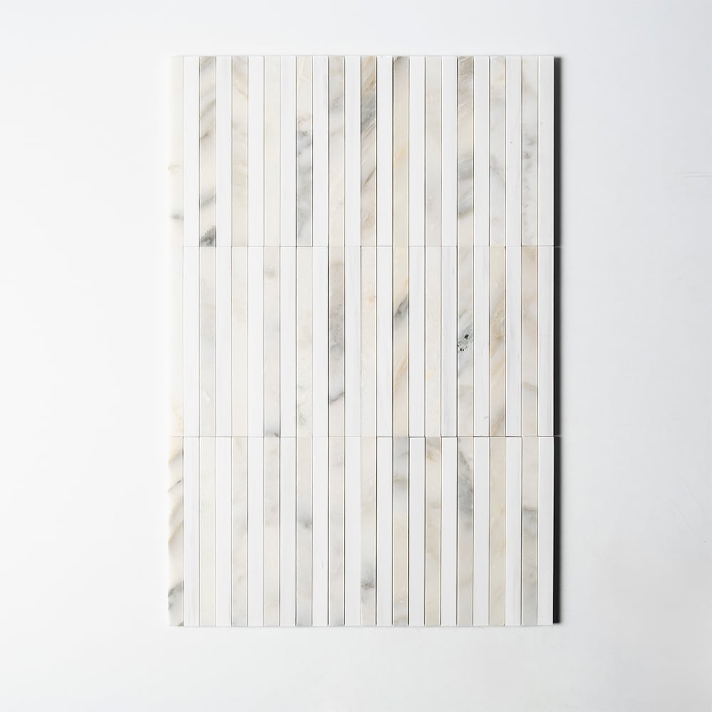 Snow White, Calacatta Renaissance Honed Mod Stripes Marble Mosaics 12×12