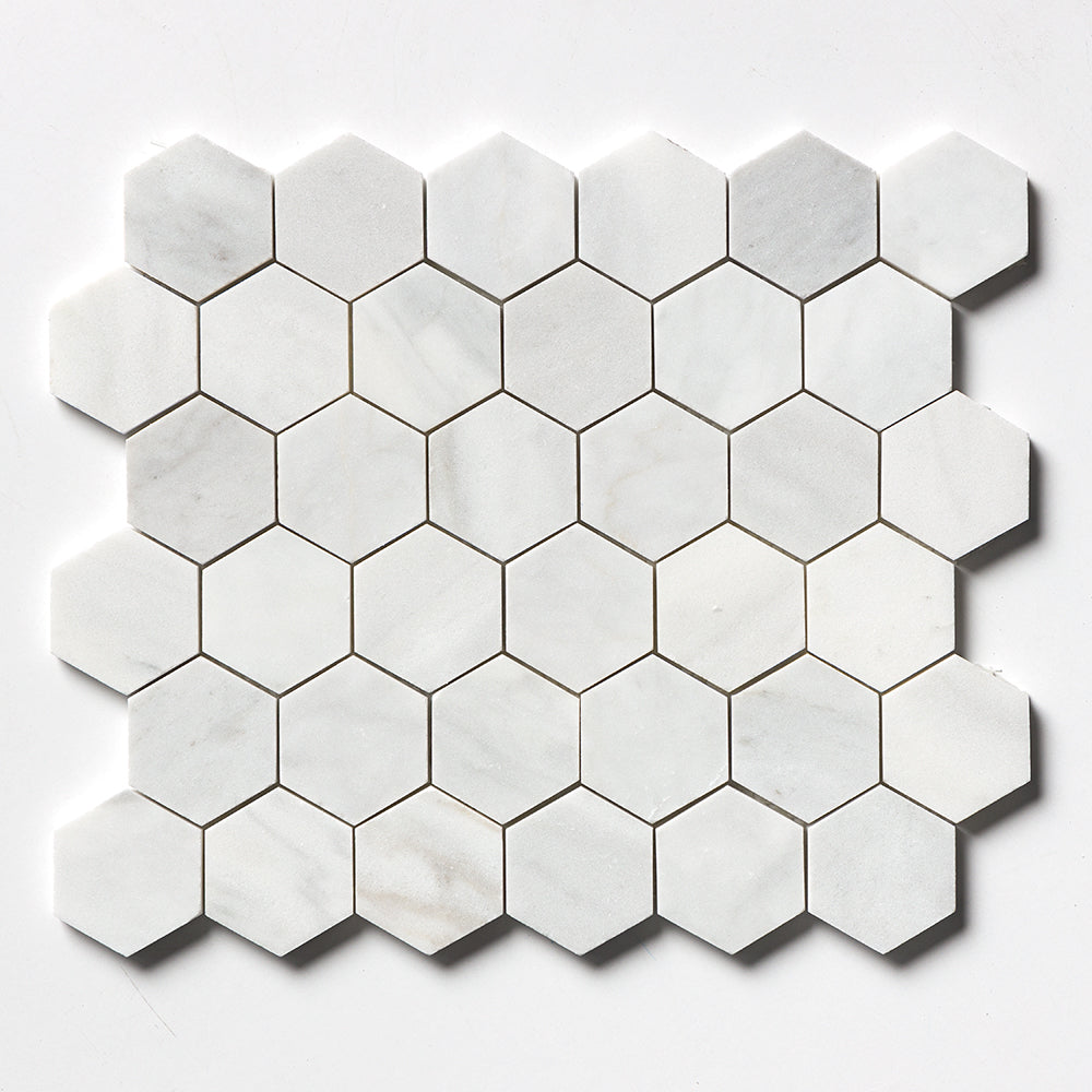 Carrara Blend Honed Hexagon 2 Marble Mosaic 10 3/8×12 Image