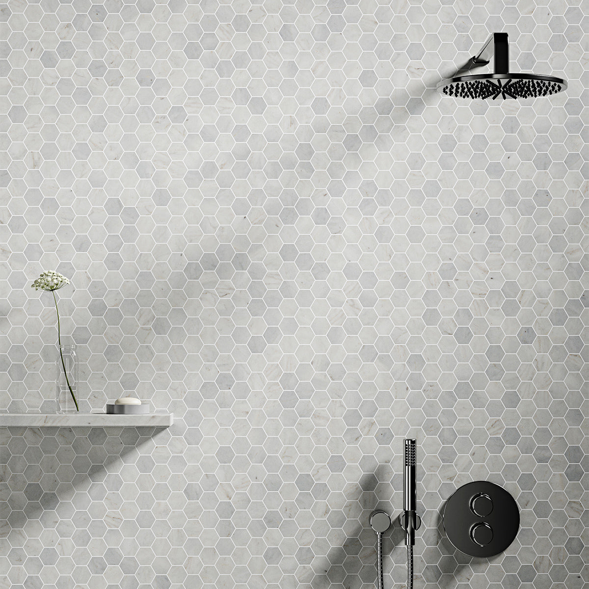 Carrara Blend Honed Hexagon 2 Marble Mosaic 10 3/8×12 (MS02246)