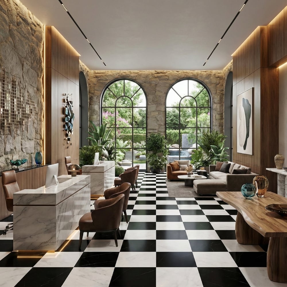 Avalon, Black Polished Checkerboard Pattern Marble Tiles 18×18 (TL91361)