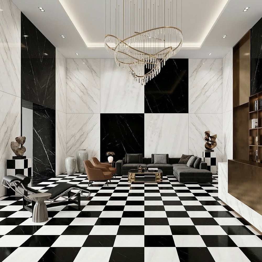 Bianco Dolomiti Classic, Black Polished Checkerboard Pattern Marble Tiles 12×12 (TL91749)